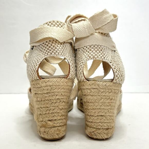 Soludos Tan White Stripe Ankle Wrap Espadrille Wedge Heels 10 - Picture 6 of 8